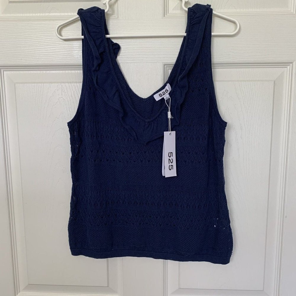 525 Born In Brooklyn Tank Top Navy Blue Large Open Knit NWT